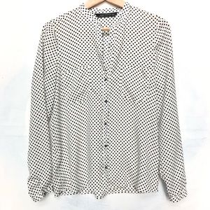 Zara White and Navy Polka Dot Button Down Blouse